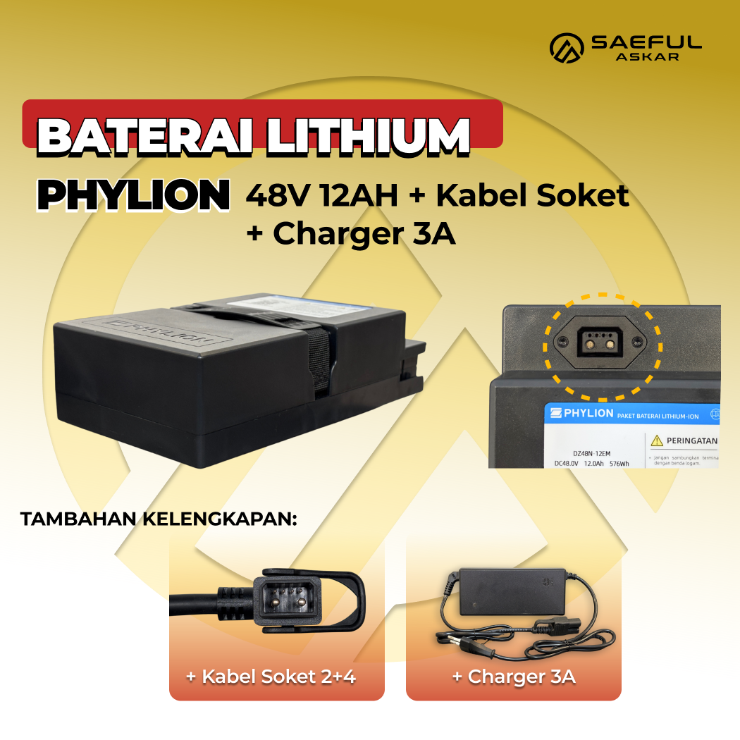 [B] Set Baterai Phylion 48V 12Ah-20Ah & 72V 24Ah