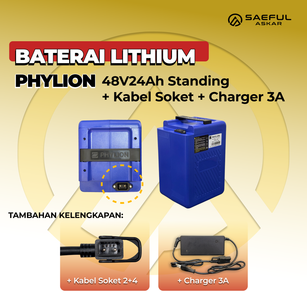 [B] Set Baterai Lithium Phylion, Kabel Socket, Charger | 48-24