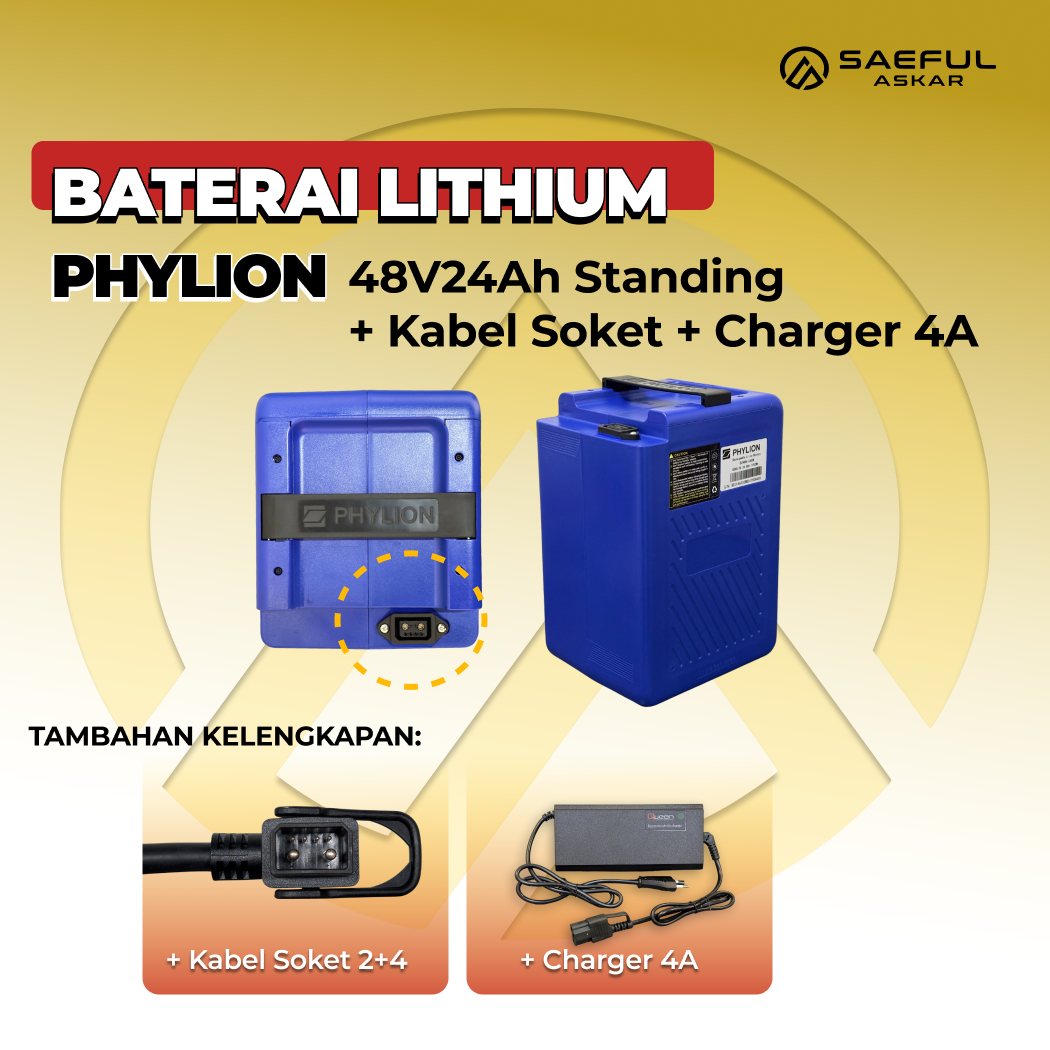 [B] Set Baterai Lithium Phylion, Kabel Socket, Charger | 48-24