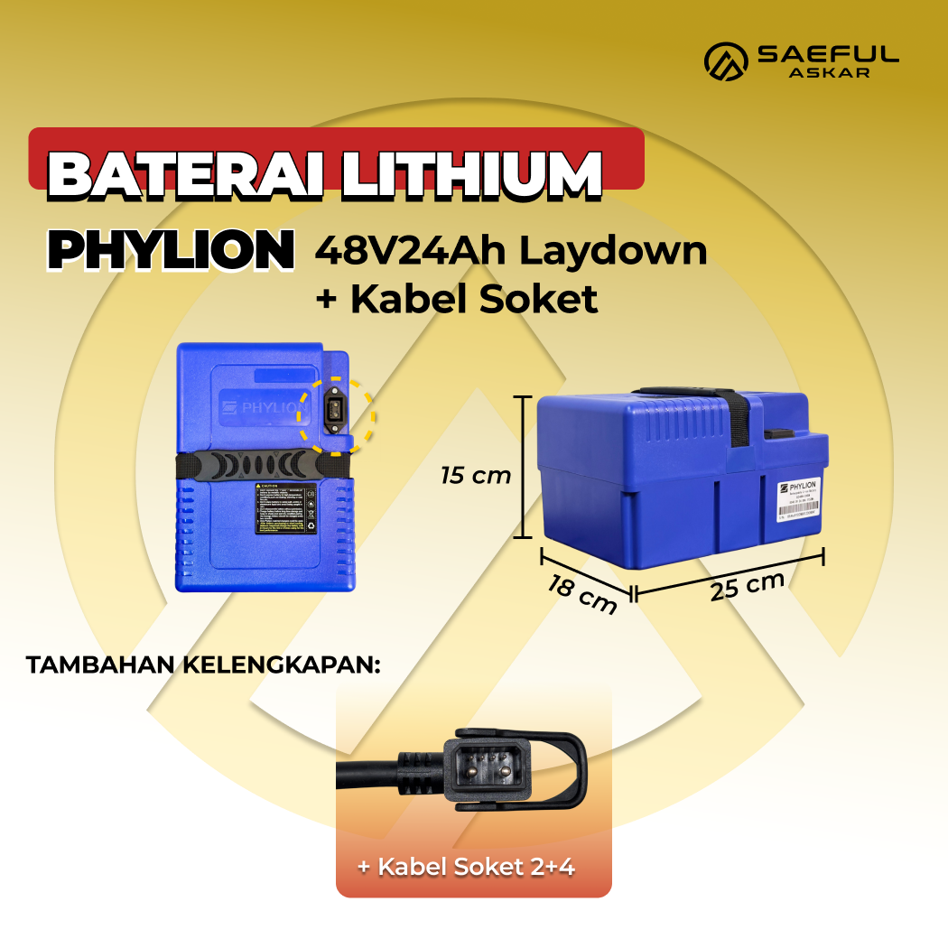 [B] Set Baterai Lithium Phylion, Kabel Socket, Charger | 48-24