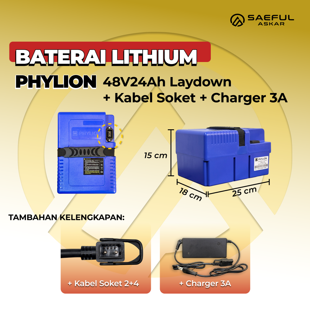 [B] Set Baterai Lithium Phylion, Kabel Socket, Charger | 48-24