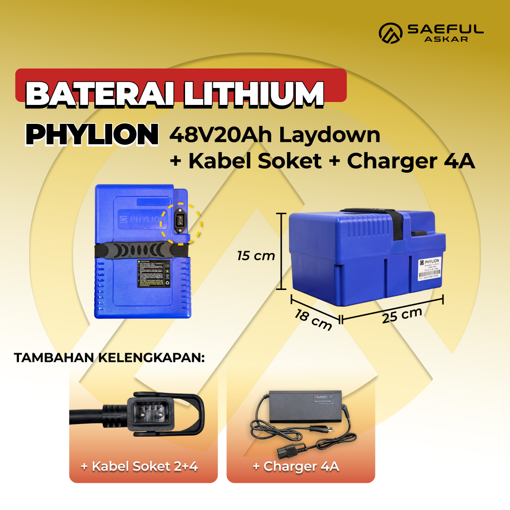[B] Set Baterai Lithium Phylion, Kabel Socket, Charger | 48-24