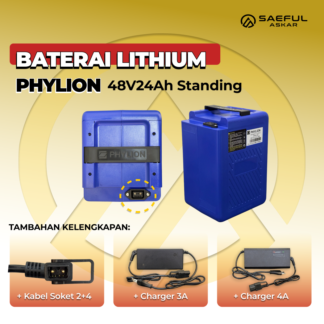 [B] Set Baterai Lithium Phylion, Kabel Socket, Charger | 48-12  48-20  48-24 60-24