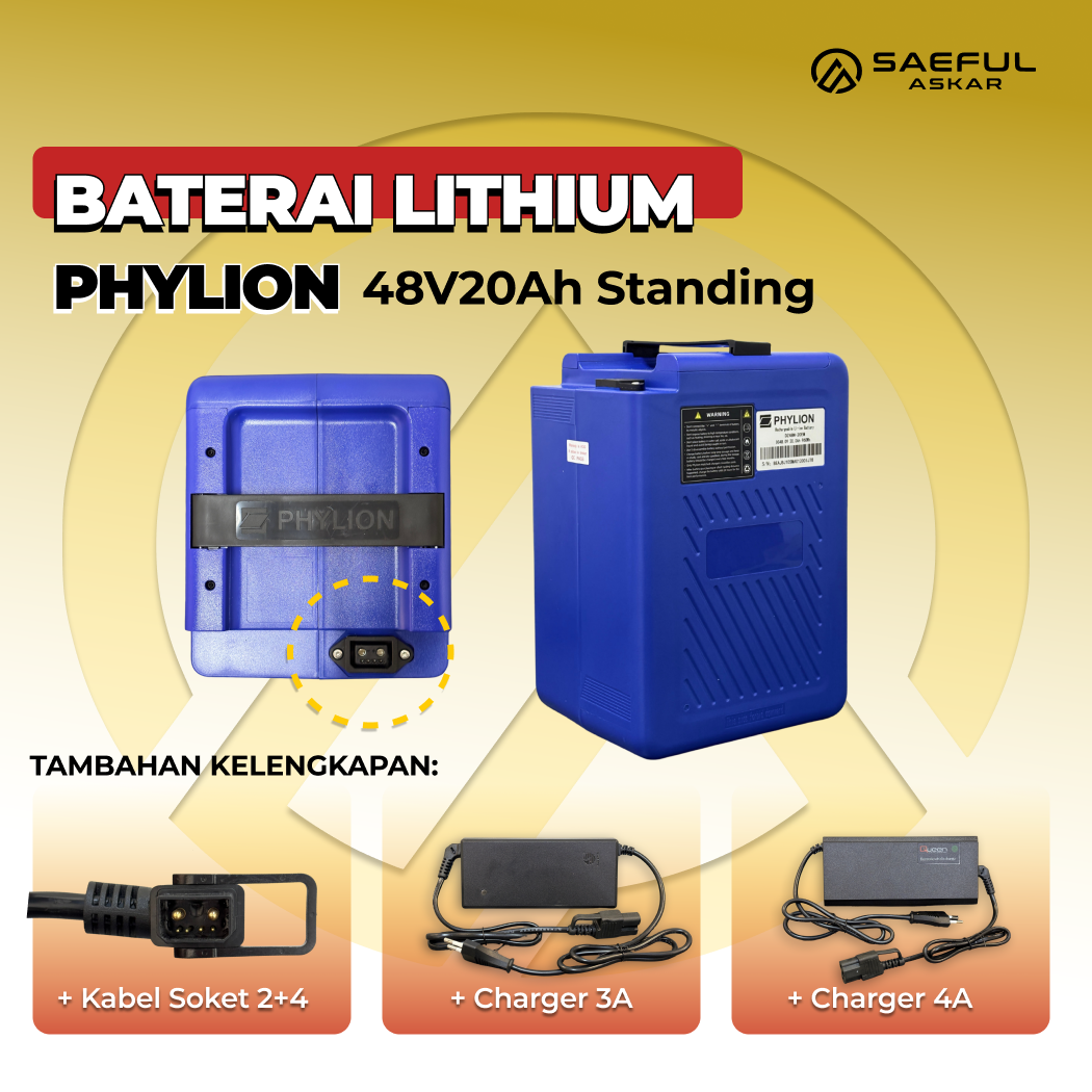 [B] Set Baterai Lithium Phylion, Kabel Socket, Charger | 48-12  48-20  48-24 60-24