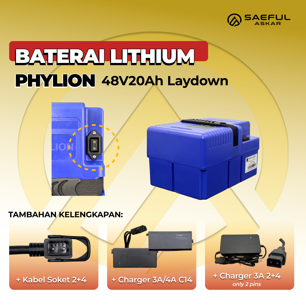 [B] Set Baterai Lithium Phylion, Kabel Socket, Charger | 48-20 48-24 2+4