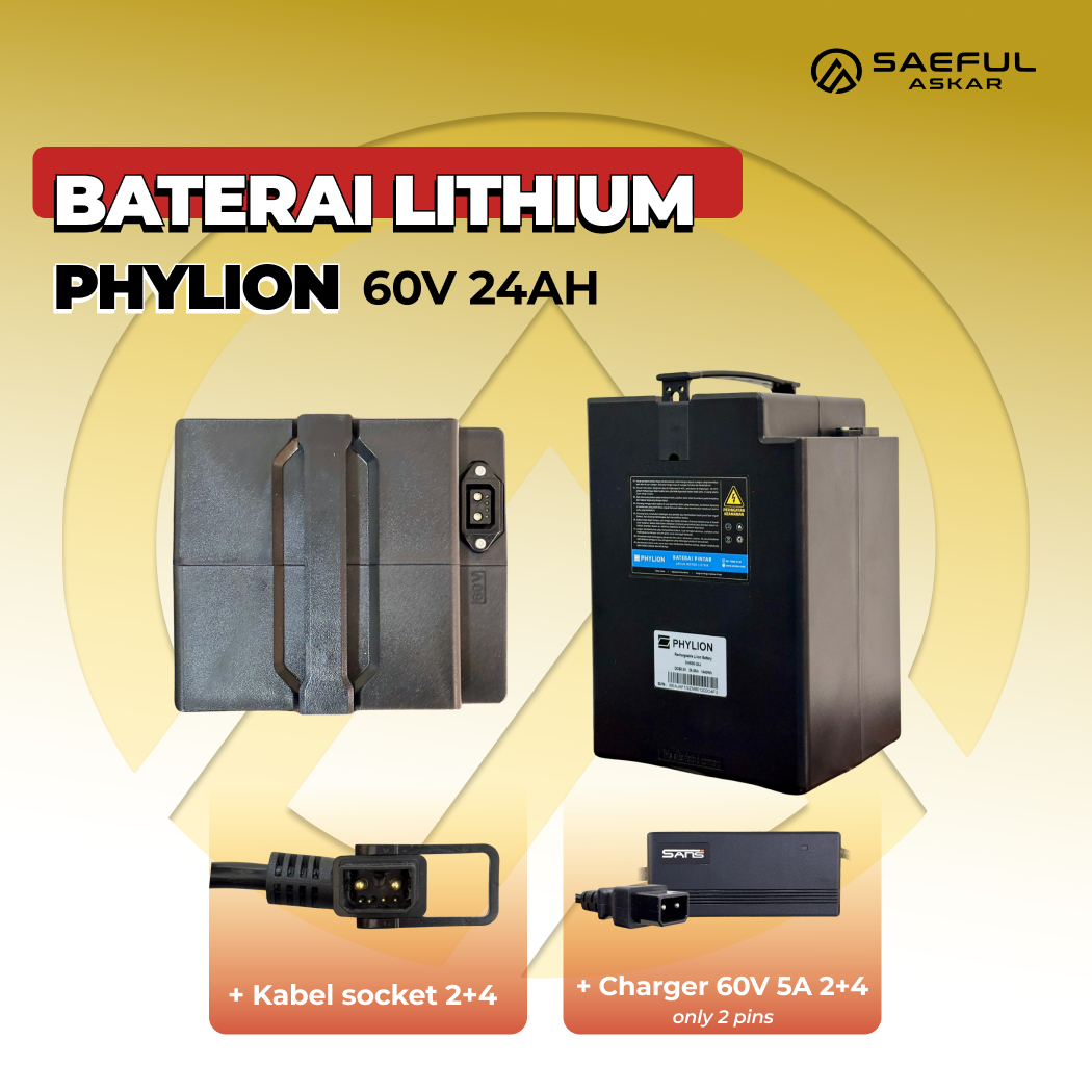 [B] Set Baterai Lithium Phylion, Kabel Socket, Charger | 48-12  48-20  48-24 60-24